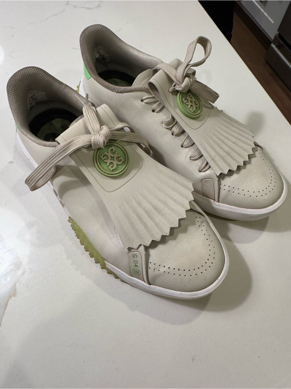 G/FORE G.112 Kiltie Beige and Lime Green Golf Sneaker